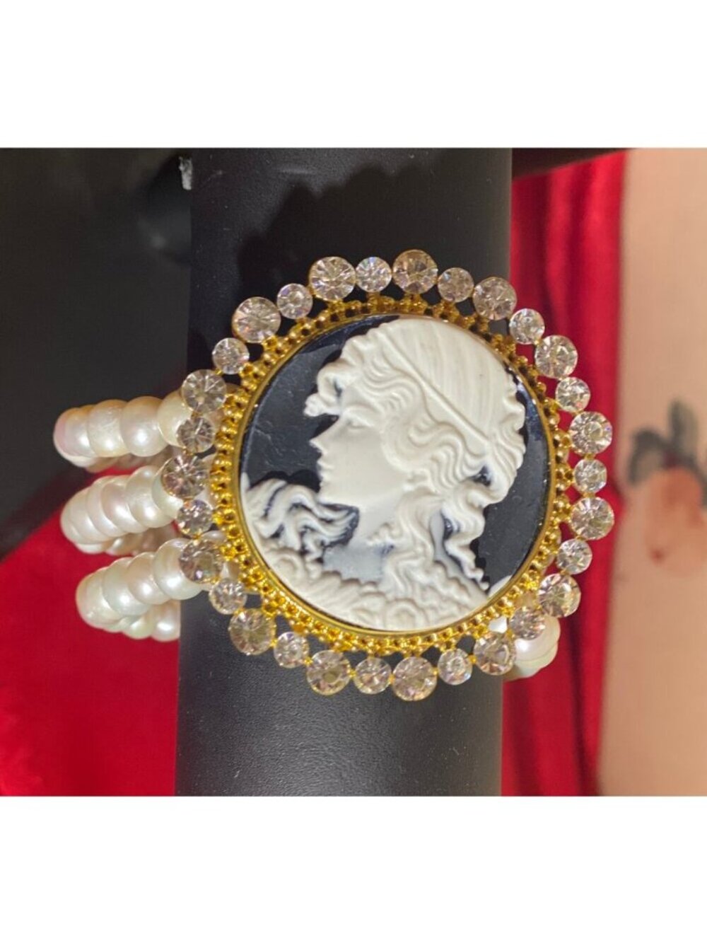 Gorgeous Huge Cameo Bracelet with Fresh Culture Pearls and Rhinestones